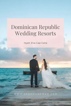 a bride and groom standing on a dock in front of the ocean with text that reads,