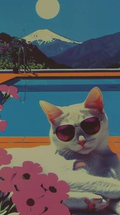 a white cat wearing sunglasses sitting on top of a table next to flowers and a pool