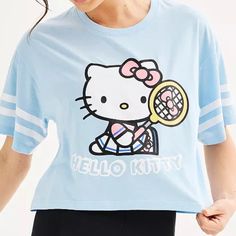 Nwt Hello Kitty Juniors’ Sporty Tee Short Sleeves / Crewneck Material: Cotton-Polyester Color: Blue Size: Medium Sporty Cotton Tops With Cartoon Print, Sporty Summer Tops With Cartoon Print, Blue Hello Kitty Print Short Sleeve Top, Blue Short Sleeve Top With Hello Kitty Print, Blue Spring T-shirt With Character Print, Hello Kitty Graphic Crew Neck Top, Hello Kitty Graphic Crew Neck Tee, Hello Kitty Graphic Tee With Crew Neck, Blue Tops With Cartoon Print For Spring