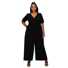 This jumpsuit combines fashion and function, boasting a flattering surplice top, convenient pockets, and a waist tie that accentuates your curves. The wide legs add a touch of sophistication, while the pull-on closure ensures comfort and ease. Plus Jumpsuit, Mid Size Fashion, Jeweled Shoes, Apple Shape, Pocket Jumpsuit, Surplice Top, Jumpsuit Black, Mid Size, Slim Fit Shorts