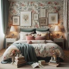 a bedroom with floral wallpaper and pictures on the wall above the bed, along with books