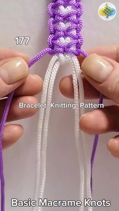 two hands holding purple and white crochet with text overlay that says basic macrame knots