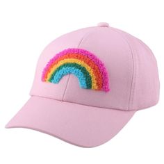 Pink baseball hat with chenille rainbow detail. Adjustable with rainbow band detail. Made with Cotton Fits size 3yr to 8yr Patch Aesthetic, Aesthetic Hat, Aesthetic Lovers, Rainbow Patch, Trendy Hats, Pink Baseball Hat, Girl Baseball Cap, Rainbow Plush, Rainbow Band