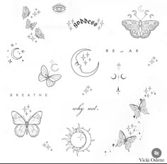 some butterflies and stars on a white paper with the words goodbye written in black ink