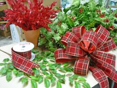 red and green plants sitting on top of a table next to a ribboned bow