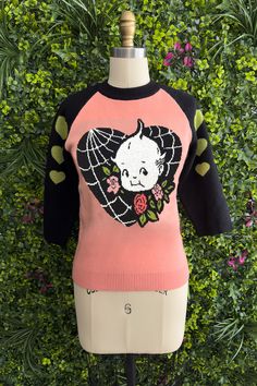 I am so thrilled to announce my newest collab with Kewpie®! The cutest and softest sweater featuring my Kewpie® Spiderweb Love design. With black contrast sleeves with green hearts and contrast collar. This is a fitted sweater so please check the size chart for measurements. Viscose blend. Frog Girl, Folk Punk, Green Hearts, Love Sweater, Fashion Couture, Contrast Collar, Softest Sweater, Fitted Sweater, Love Design