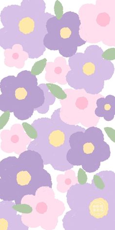 purple and yellow flowers with green leaves on them are featured in this image, the background is made up of pastel colors