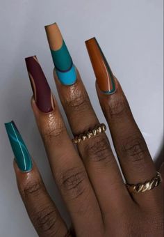 Nails On Black Women, Fall Nail Inspiration, Long Almond Nails, Multicolored Nails, Acrylic Nail Powder, Acrylic Nail Set, Edgy Nails, Exotic Nails, Nails Fall