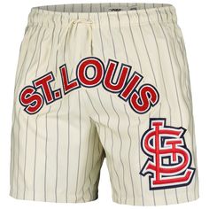 Designed to provide superior quality with an edge, these St. Louis Cardinals Retro Classic shorts from Pro Standard fit perfectly in line with your style interests. The pinstripes provide a timeless aesthetic, while the bold textured St. Louis Cardinals graphics make for a true statement piece to your look. Adjust the drawstring closure to your preferred fit and enjoy an instant elevation to your selection of team gear. Material: 100% Polyester Two side pockets Inseam on size M measures approx. White Shorts With Side Stripes, White Bottoms With Side Stripes, White Short Bottoms With Side Stripes, Collegiate Style Cotton Bottoms For Summer, Summer Collegiate Style Cotton Bottoms, Sporty Striped Bottoms With Built-in Shorts, Collegiate Style Bottoms For Summer Sports Events, Collegiate Summer Bottoms For Sports Events, Sporty Striped Shorts With Elastic Waistband