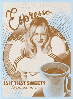 an advertisement for espresso coffee with a woman holding a cup