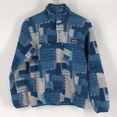 Patagonia Synchilla Fleece Snap T Closure Pullover Sweater Size Small Blue Block Quilted Pattern With A Geometric Blocks Rare Print From Fall 2015 This Item Has Some Light Matting From Wear And A Perfume Smell Patagonia Synchilla, Quilted Pattern, Blue Block, Quilt Block Patterns, Patagonia Womens, Fall 2015, Blue Gray, Quilt Blocks, Pullover Sweater