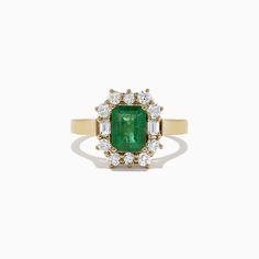 Effy Brasilica 14K Yellow Gold Emerald and Diamond Ring, 2.09 TCW Luxury Yellow Gold Emerald Ring, Classic Multi-stone Jewelry For May Birthstone, Cluster Emerald Jewelry In Yellow Gold, Timeless Multi-stone Emerald Cut Jewelry, Classic Green Cluster Jewelry, Heirloom 14k Gold Green Cluster Ring, Heirloom Green Cluster Ring In 14k Gold, Classic Cluster Emerald Jewelry, Cluster Emerald Ring In 14k Gold