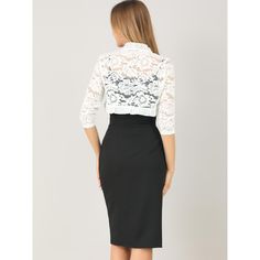 The ruffle collar, sheer floral lace fabric, and crop length give a unique, elegant touch. This cardigan shrug is perfect for layering over your favorite dresses or tops. It adds the right amount of coverage without taking away from the overall style of your outfit. If you're looking for a versatile and stylish piece to add to your wardrobe, the Women's Elegant Ruffle Collar Crop Cardigan Sheer Floral Lace Shrug Top is the perfect choice. It's a timeless piece that you can wear season after seas Elegant Spring Lace Top With Contrast Lace, Spring Fitted Lace Top With Contrast Lace, Chic Fitted Lace Top With Contrast Lace, Fitted Spring Lace Top With Contrast Lace, Feminine Fitted Lace Top With Contrast Lace, Fitted Lace Top With Lace Collar For Work, Fitted Feminine Lace Top With Contrast Lace, Spring Party Lace Top With Contrast Lace, Spring Formal Lace Patchwork Top