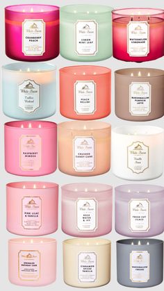 many different types of candles are shown in this image, with the labels on them