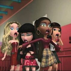 an animated group of women standing next to each other in front of a red wall