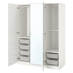 an open white closet with drawers and shelves