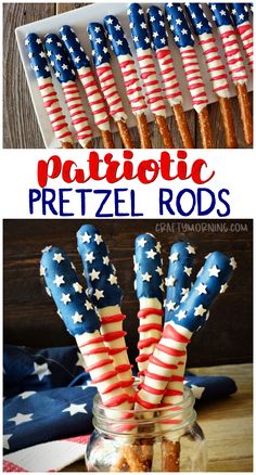 patriotic pretzel rods in a jar with the words patriotic pretzel rods