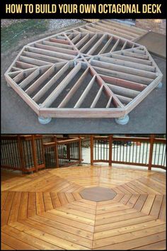 an outdoor deck made out of wooden planks with the words how to build your own octagonal deck