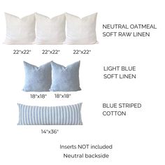 the measurements for pillows and pillow covers are shown in blue, white, and grey