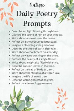 a poster with the words nature daily poetry prompts written in english and spanish on it