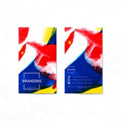 two brochures designed to look like abstract paintings with blue, yellow and red colors