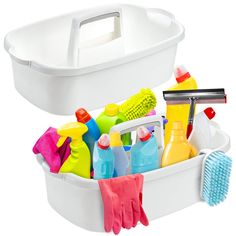 a white container filled with cleaning supplies and gloves