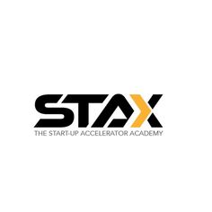 the start - up accelerater academy logo is shown in black and yellow with an orange stripe