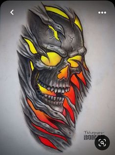 a drawing of a skull with flames on it