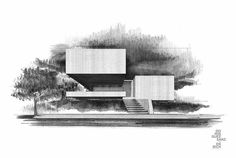 a black and white drawing of a house with stairs leading up to the front door