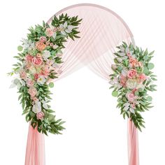 an arch decorated with pink flowers and greenery