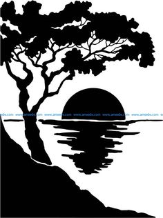 the silhouette of a tree and water at sunset with an island in the foreground