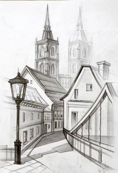 a pencil drawing of a street light and buildings