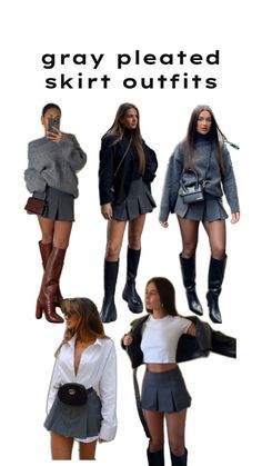 [SponsoredPost] 16 Impressive Outfit Ideas With Knee High Boots Winter Fashion Recommendations You Need To See This Summer #outfitideaswithkneehighbootswinterfashion Grey Corduroy Skirt Outfit, Club Outfits Fall Night, Gray Skirt Outfit Fall, High Knee Brown Boots Outfit, Grey Blazer And Skirt Outfit, Cold Outfits Skirt, Gray Pleated Skirt Outfit Winter, Mini Skirt Outfit Pleated, Party Boots Outfit