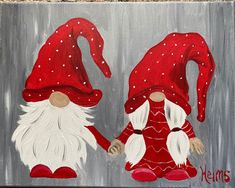 an acrylic painting of two gnomes holding hands