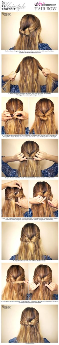 DIY Hairstyles | Hair Bow FOR #HAIRSTYLES, ADVICE AND INSPIRATION COME TO US WWW.UKHAIRDRESSERS.COM Bow Hairstyle Tutorial, 5 Minute Hairstyles, Easy Hairstyles For School, Bow Hairstyle, Top Hairstyles, Short Hairstyle, Girls Bows, Big Hair