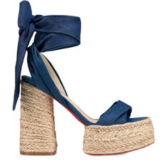 Designer Style Name: Mariza Du Desert 130 These Espadrille Sandals Will Complete Your Vacation Outfits On An Enchanting Note. Crafted From Natural Raffia, They're Laced With Elegant Cotton Twill Denim Ankle Ties And Rest On Chunky Platform Soles. 130 Mm Platform Heel Open Toe Twisted T-Strap Vamp Ankle Wrap Around Ties Signature Louboutin Red Leather Outsole Made In Italy Designer Color: Blue Size 40 Eu (Insole Measures 10 1/8", Heel: 5", Platform: 1.5") Typically Cl Shoes Run Small. Brand New W Blue Sandals Heels, Heeled Espadrilles, Denim Sandals, Red Louboutin, Christian Louboutin Heels, Sandal Shoes, Ankle Wrap, Gorgeous Shoes, Louis Vuitton Shoes