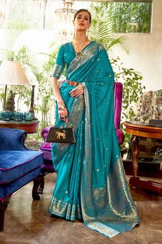 Buy Dazzling Cyan Color Weaving Work Saree In Art Silk Fabric Online from SareesBazaar at Best Price Fashion Sarees, Indian Designer Sarees, Designer Sarees Online, Satin Saree, Art Silk Sarees, Latest Sarees, Blue Party, Saree Shopping, Wear Saree