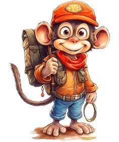 a drawing of a monkey with a backpack on it's back and wearing a hat