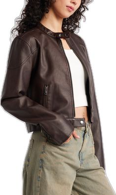 Brown Fits, Faux Leather Jacket, Fabric Gift Bags, Band Collar, Nordstrom Store, Fabric Gifts, Free Fabric, Faux Leather Jackets, Print Gifts