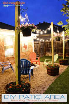 This DIY Patio Area with Sturdy Planted Posts is the perfect way to improve a small yard on a small budget. Easy tutorials and tips to follow for great backyard results. Fun Planters, Backyard Area, Pergola Swing, Backyard Retreat