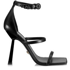 Versace 3-Strap Safety Pin Leather Sandals Black Women’s Eu 36.5/Us 6.5 $1,125. New In Box. Versace's 3 Strap Sandals Are Adorned With The Signature Medusa Safety Pin At The Dainty Ankle Strap. Enhanced With A Squared Toe, This Italian-Made Pair Is Anchored By A Slanted Stiletto Heel For A Sculptural Touch. Leather Square Open Toe Ankle Buckle Strap Leather Sole Made In Italy Size Lacquered Slanted Heel, 4.25" (110mm) Black Double Strap Formal Sandals, Leather Double Strap Heels For Evening, Black Double Strap Evening Sandals, Luxury Double Strap Formal Heels, Luxury Double Strap Heels For Formal Occasions, Black Leather Double Strap Heels, Sandals Black Women, Buckle Heels, Versace Shoes