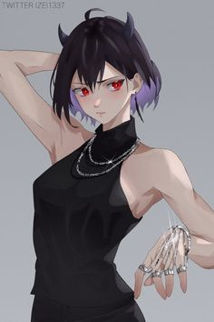 an anime character with purple hair and red eyes holding her hand up to the side