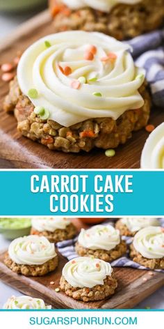 carrot cake cookies with white frosting and sprinkles on a cutting board