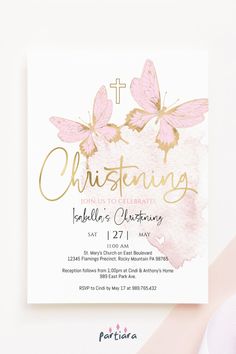 Self-editable 5x7" invite - follow the link for details and free demo! ♦ Easily edit online in your browser then download and print or send digitally ♦ Create a memorable event, starting with this elegant pink gold butterfly invite, perfect for a girl’s christening party ♦ #babychristening #christeningparty #girlchristening #christeninginvites #girlinvitations #babyinvitations #babyinvitegirl #butterflyinvites #pinkchristening #goldchristening Christening Themes, Gold Header, Gold Printable, Christening Invitation