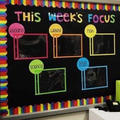 this week's focus bulletin board is decorated with bright colors and blackboard writing