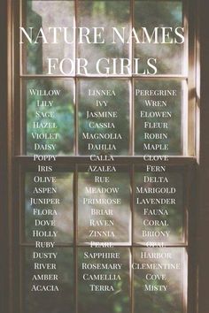 a window with words written on it that say, nature names for girls