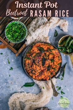 the instant pot beetroot rasam rice recipe is shown on a blue surface