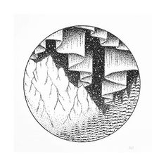 an ink drawing of icebergs floating in the water