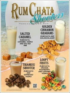 an advertisement for rumchata shows different types of drinks and cereals on the beach