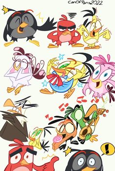 several cartoon birds with different expressions on them